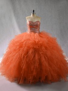 Inexpensive Sleeveless Floor Length Beading and Ruffles Lace Up Quinceanera Dress with Orange Red