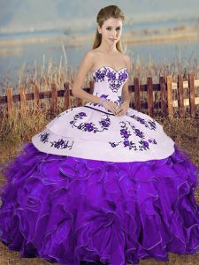Romantic Sweetheart Sleeveless Organza Vestidos de Quinceanera Embroidery and Ruffles and Bowknot Lace Up