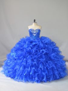 Ruffles and Sequins Quinceanera Gowns Royal Blue Lace Up Sleeveless Floor Length