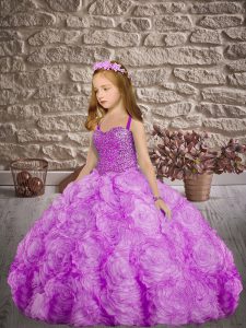 Fantastic Lilac Little Girls Pageant Dress Wholesale Fabric With Rolling Flowers Sweep Train Sleeveless Beading