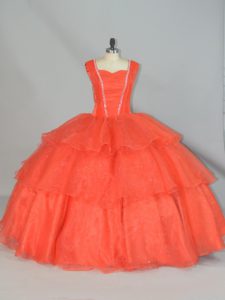 Straps Sleeveless Ball Gown Prom Dress Floor Length Beading and Ruffled Layers Orange Red Organza