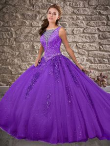 Gorgeous Purple Zipper Quinceanera Dresses Beading and Appliques Sleeveless Brush Train