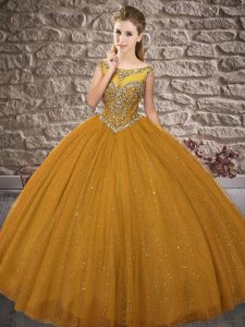 Ball Gowns Quince Ball Gowns Brown Off The Shoulder Tulle Sleeveless Floor Length Zipper
