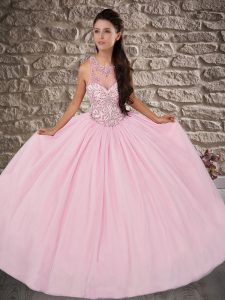 Popular Pink Tulle Lace Up Scoop Sleeveless Sweet 16 Quinceanera Dress Brush Train Beading