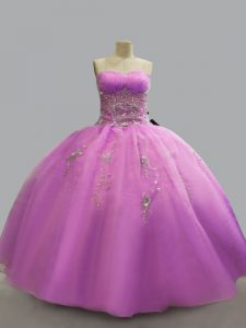 Sophisticated Lilac Ball Gowns Strapless Sleeveless Organza Floor Length Lace Up Beading Ball Gown Prom Dress