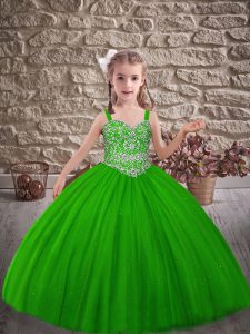 New Arrival Green Lace Up Straps Beading Pageant Gowns For Girls Tulle Sleeveless Sweep Train