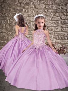 Custom Design Beading and Appliques Little Girl Pageant Dress Lavender Lace Up Sleeveless Sweep Train