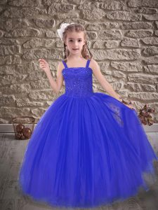 Hot Sale Blue Tulle Lace Up Pageant Gowns For Girls Sleeveless Sweep Train Beading and Appliques