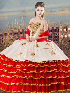Fine White And Red Sleeveless Organza Lace Up Sweet 16 Dresses for Sweet 16 and Quinceanera