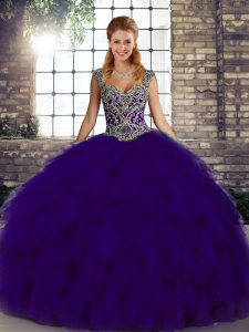 Latest Floor Length Lace Up Quince Ball Gowns Purple for Military Ball and Sweet 16 and Quinceanera with Beading and Ruf