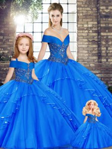 Discount Floor Length Lace Up Quinceanera Gown Royal Blue for Military Ball and Sweet 16 and Quinceanera with Beading an