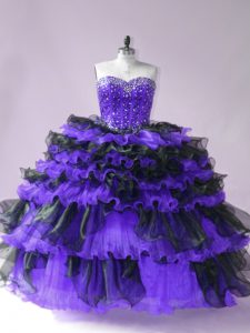 Spectacular Sweetheart Sleeveless Sweet 16 Dresses Floor Length Beading and Ruffled Layers Black And Purple Organza