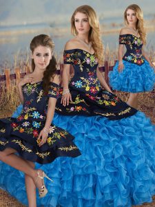 Luxury Floor Length Lace Up Sweet 16 Quinceanera Dress Blue And Black for Military Ball and Sweet 16 and Quinceanera wit