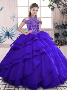 Blue Organza Lace Up Ball Gown Prom Dress Sleeveless Floor Length Beading and Ruffles