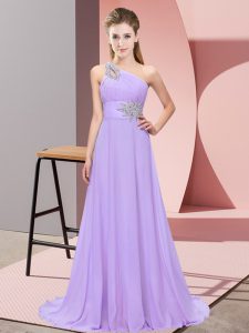 Sleeveless Chiffon Floor Length Lace Up Prom Party Dress in Lavender with Beading