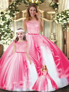 Most Popular Hot Pink Tulle Clasp Handle Scoop Sleeveless Floor Length Quince Ball Gowns Lace and Ruffles