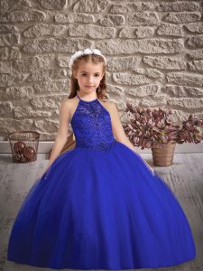 Adorable Sleeveless Tulle Sweep Train Criss Cross Pageant Gowns For Girls in Royal Blue with Beading