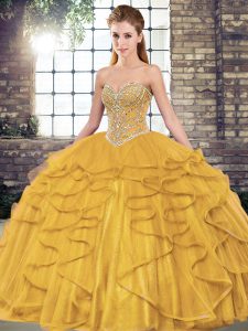 Nice Sweetheart Sleeveless Lace Up Ball Gown Prom Dress Gold Tulle