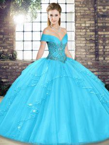 Sumptuous Aqua Blue Ball Gowns Tulle Off The Shoulder Sleeveless Beading and Ruffles Floor Length Lace Up Quinceanera Dr