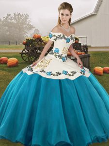 Blue And White Quince Ball Gowns Military Ball and Sweet 16 and Quinceanera with Embroidery Off The Shoulder Sleeveless 