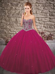 Wonderful Beading Quince Ball Gowns Fuchsia Lace Up Sleeveless Floor Length