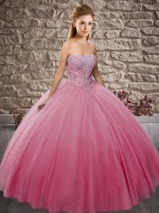 Flare Ball Gowns Ball Gown Prom Dress Rose Pink Strapless Tulle Sleeveless Floor Length Lace Up