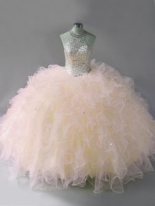 Custom Made Sleeveless Lace Up Floor Length Beading and Ruffles 15th Birthday Dress