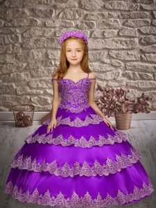 Top Selling Satin Sleeveless Floor Length Little Girl Pageant Dress and Appliques and Ruffled Layers
