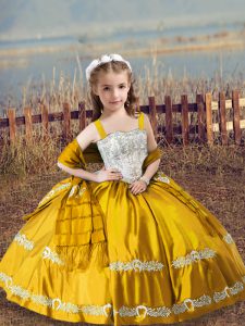 Gold Ball Gowns Beading and Embroidery Little Girl Pageant Dress Lace Up Satin Sleeveless Floor Length