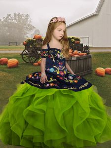Best Olive Green Lace Up Little Girls Pageant Dress Embroidery and Ruffles Sleeveless Floor Length