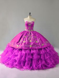 Luxury Purple Organza Lace Up Ball Gown Prom Dress Sleeveless Floor Length Embroidery and Ruffles