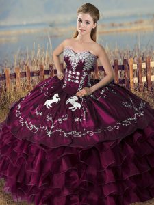Customized Floor Length Purple Quinceanera Dresses Satin and Organza Sleeveless Embroidery and Ruffles