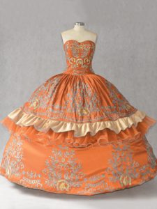 Perfect Orange Satin Lace Up Sweetheart Sleeveless Floor Length Sweet 16 Dresses Embroidery
