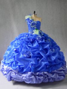 Customized Blue One Shoulder Lace Up Pick Ups and Hand Made Flower 15th Birthday Dress Sleeveless