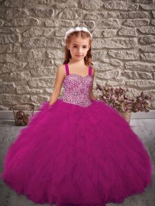 Tulle Straps Sleeveless Lace Up Beading and Ruffles Little Girls Pageant Dress in Fuchsia