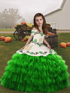 Sleeveless Floor Length Embroidery and Ruffled Layers Lace Up Little Girls Pageant Dress Wholesale with
