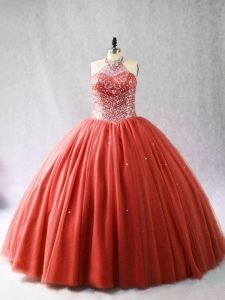 Admirable Tulle Halter Top Sleeveless Brush Train Lace Up Beading Quinceanera Dresses in Red