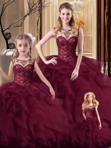 Spectacular Brush Train Ball Gowns Quince Ball Gowns Burgundy Scoop Tulle Sleeveless Lace Up
