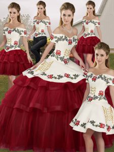 Wine Red Quinceanera Gown Tulle Brush Train Sleeveless Embroidery and Ruffled Layers