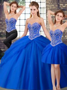 Hot Selling Royal Blue Quinceanera Gowns Tulle Brush Train Sleeveless Beading and Pick Ups