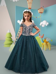 Fantastic Peacock Green Off The Shoulder Neckline Beading Kids Pageant Dress Short Sleeves Lace Up