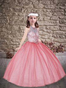 Great Sleeveless Tulle Floor Length Lace Up Pageant Dresses in Watermelon Red with Beading