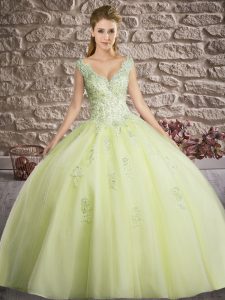 Discount Yellow Green Ball Gowns Tulle V-neck Sleeveless Appliques Floor Length Lace Up Ball Gown Prom Dress