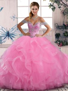 Pretty Rose Pink Sleeveless Beading and Ruffles Floor Length 15 Quinceanera Dress