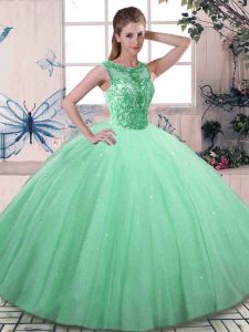 Fashionable Apple Green Lace Up Scoop Beading Sweet 16 Dress Tulle Sleeveless