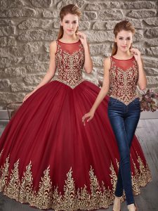Scoop Sleeveless Lace Up Quince Ball Gowns Burgundy Tulle