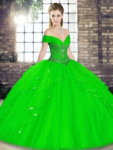 Green Lace Up Off The Shoulder Beading and Ruffles Sweet 16 Dress Tulle Sleeveless