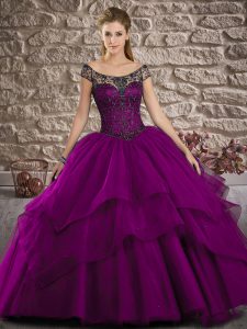 Brush Train Ball Gowns Quinceanera Dress Purple Off The Shoulder Tulle Sleeveless Lace Up