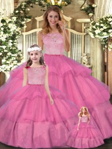 Modest Sleeveless Tulle Floor Length Zipper 15 Quinceanera Dress in Hot Pink with Lace and Ruffled Layers