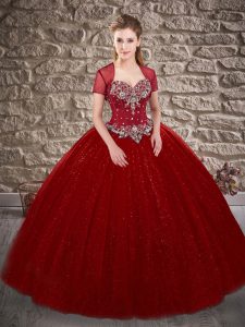 Burgundy Tulle Lace Up Quinceanera Gown Sleeveless Brush Train Beading
